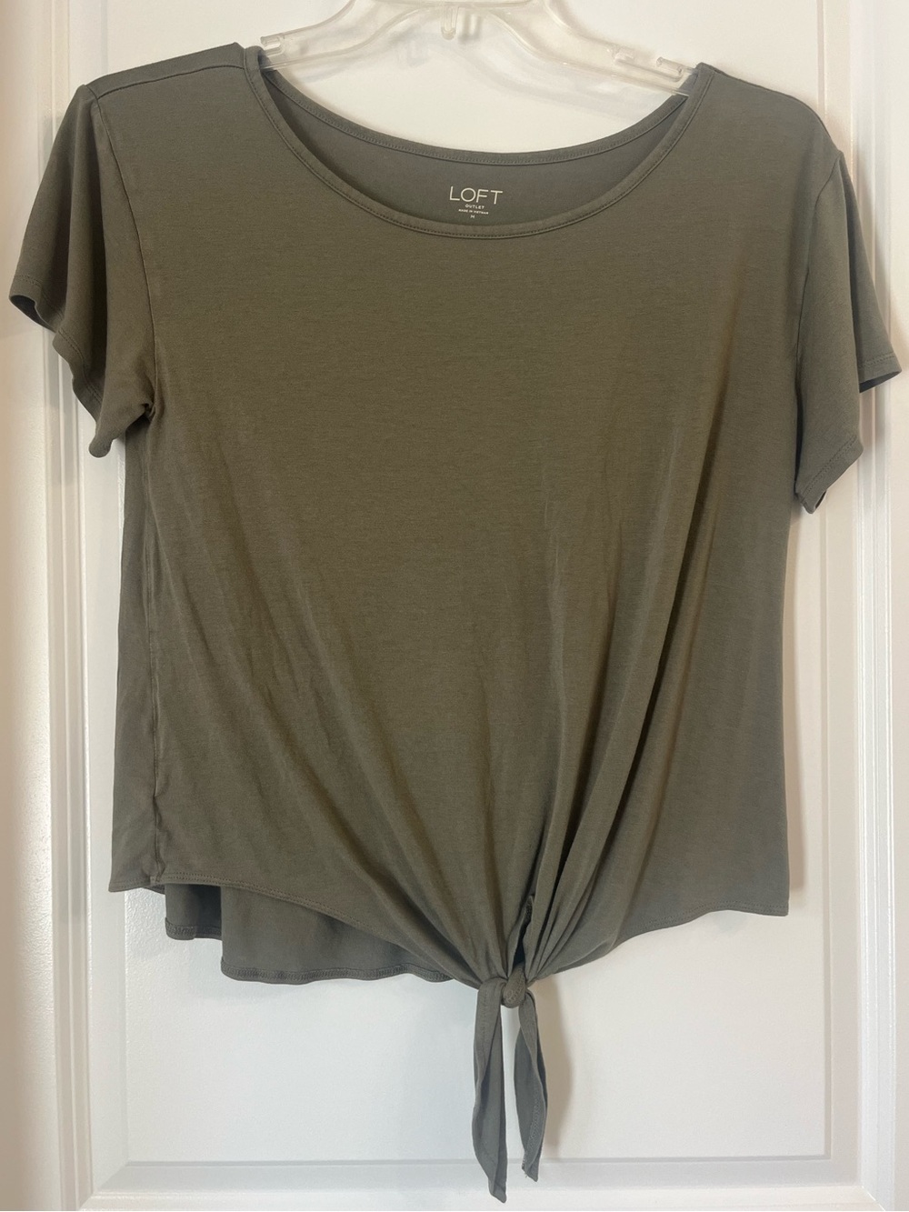 LOFT Tie-Front Short Sleeve Top Green Round Neck Casual Classic Womens Medium